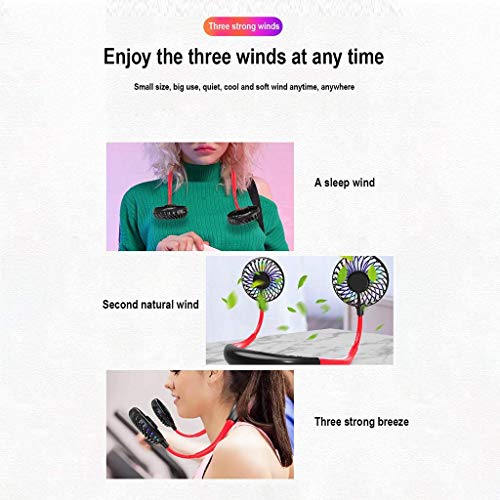 Portable Hanging Neck Sports Fan With LED Light - Hands Free USB Rechargeable Personal Dual Wearable Neckband Fan, Portable Fan Rechargeable Mini Necklace Fan for Office (Red)