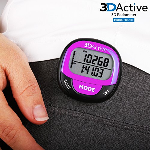 3DActive 3D Pedometer PDA-100| Best Pedometer for Walking with 30-Days Memory. Accurate Step Counter, Calorie Counter, Distance Miles/Km & Daily Target Monitor. (Black/Magenta)