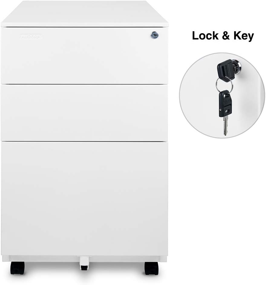 Aurora FC-103BL Fully Assembled Modern Soho Design 3-Drawer Metal Mobile File Cabinet with Lock Key, White/Aqua Blue : Office Products