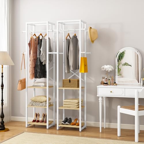 IBUYKE Perchero independiente con 3 estantes y 8 ganchos, perchero industrial para entrada, pasillo, dormitorio, 180 x 40 x 30 cm, color natural y blanco TMJ088R