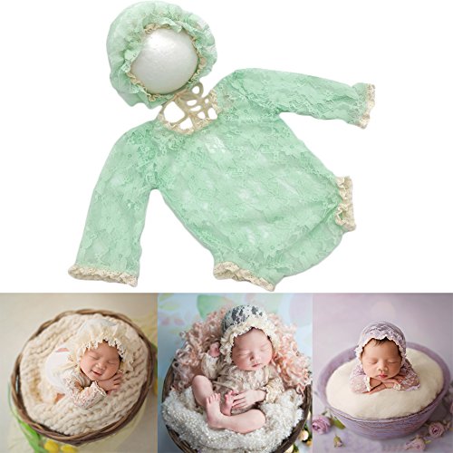 Baby Photography Props Lace Hats Rompers Newborn Girl Photo Shoot Outfits Hat Set Infant Princess Costume (Light Green)