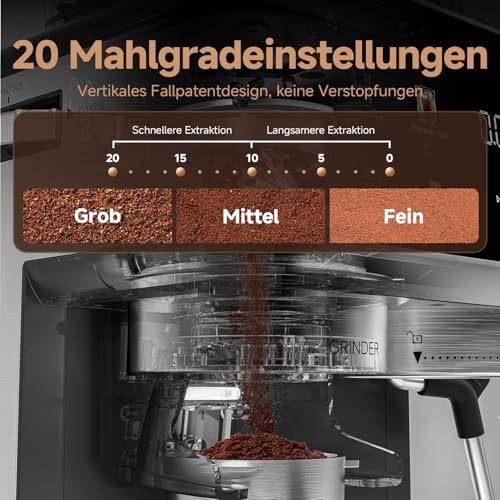 AMZCHEF Portafilter Machine with Grinder, 20 Bar Espresso Machine for Home with Milk Frother, 3 Temperature Levels, 20 Grinding Levels, Cold & Hot Brewing, Touchscreen Display