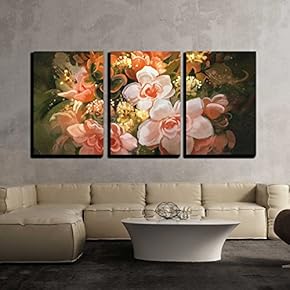 3 Piece Canvas Wall Art - Illustration - Beautiful Flowers,Color Blooming,Illustration,Digital Painting - Modern Home Art Stretched and Framed Ready to Hang - 16"x24"x3 Panels