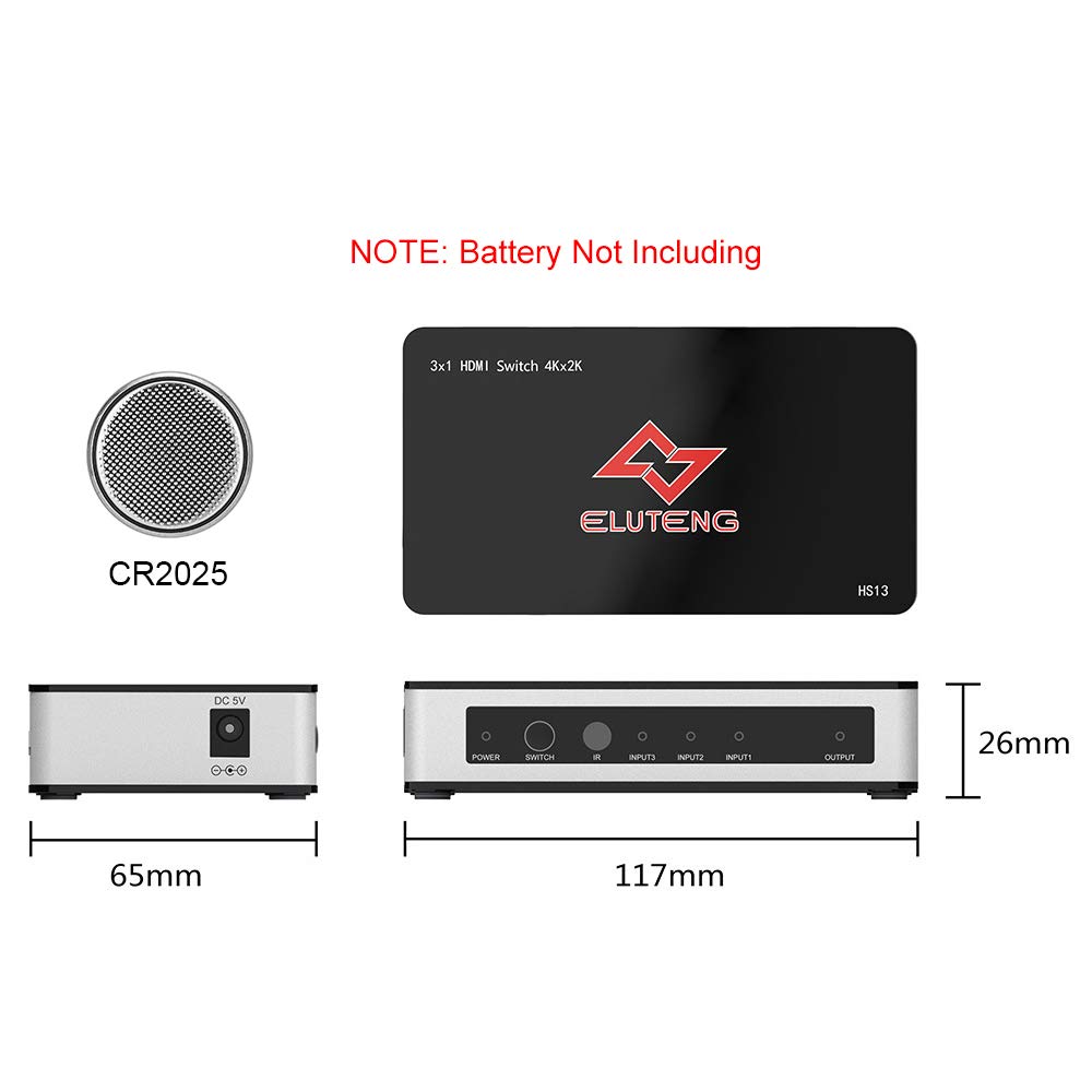 ELUTENG 4K HDMI Switch 3 Port Splitter 3x1 with IR Remote Control 3 in 1 Out 1.4 HDMI Switcher 3D HD1080p with IR Remote Control Compatible with Laptop/PC/TV Box/Xbox 360/ DVD Player/HDTV