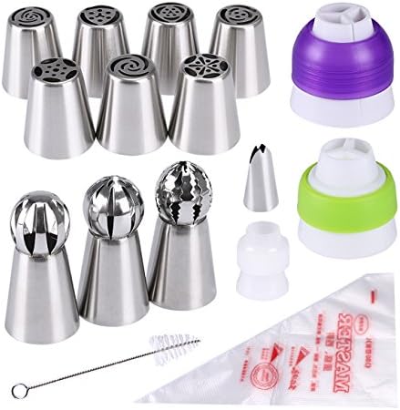Cake Piping Nozzles, Seacue 25pcs Icing Piping Tips Set, Including 7 Russian Piping Tips/ 3 Torch Shaped Decorating Tips/ 1 Small Leaves Shaped Tip/ 3 Couplers/ Clean Brush/ 10 Disposable Piping Bags