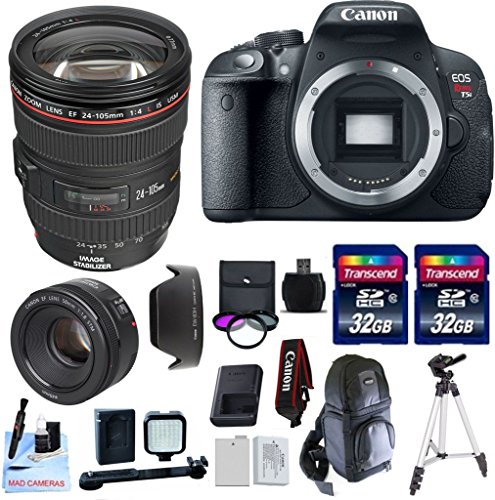 Canon EOS T5i + Canon EF 24-105mm f/4L IS USM Lens + Canon 50mm STM 32GB Transcend SD Memory Cards + LED Video Light + Spare LP E8 Battery + DSLR Sling Bag & More - International Version Canon EOS T5i + Canon EF 24-105mm f/4L IS USM Lens + Canon 50mm STM 32GB Transcend SD Memory Cards + LED Video Light + Spare LP E8 Battery + DSLR Sling Bag & More - International Version