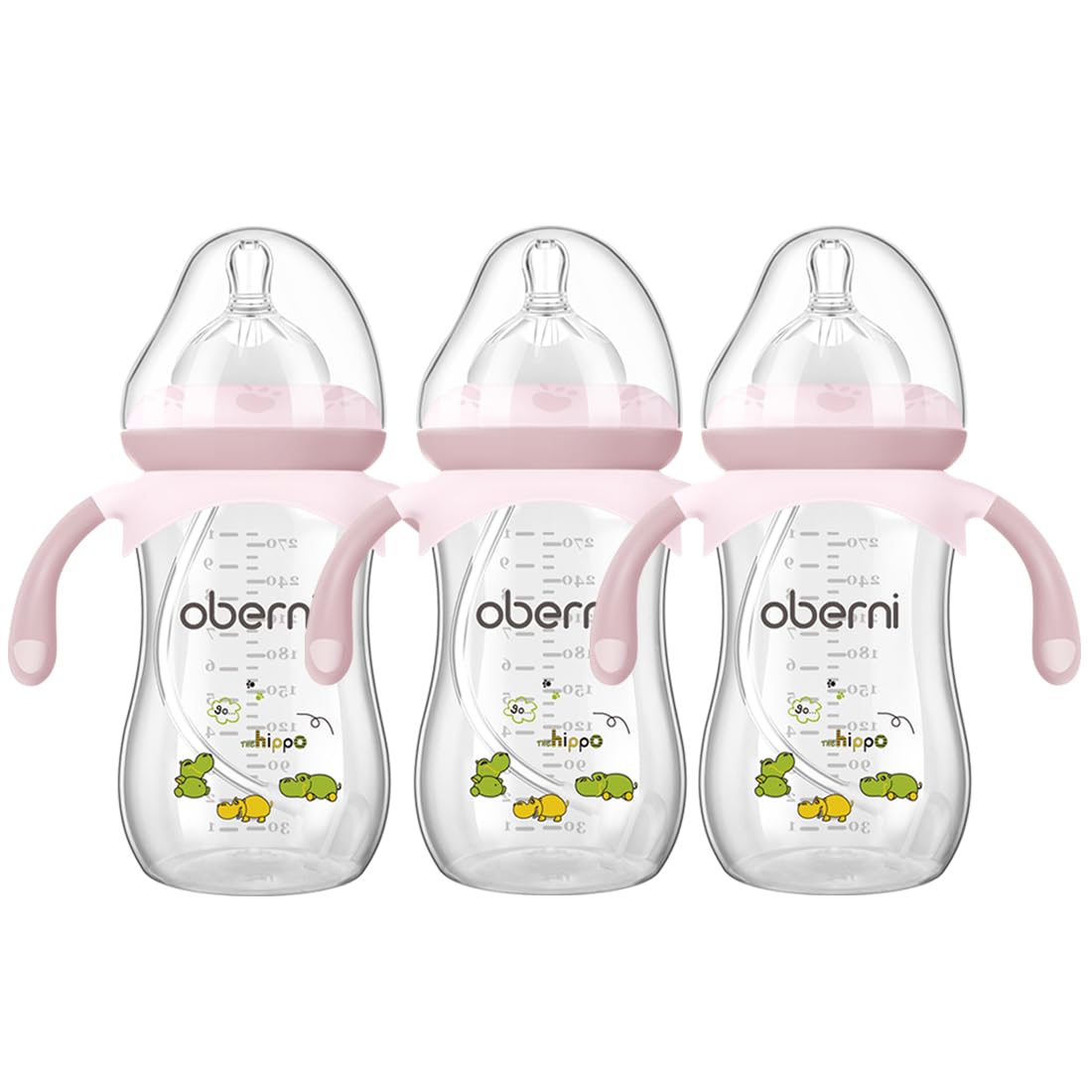 Oberni Anti-Colic Baby Bottle with Size 4 Breast-Like Teat, Non-Slip Handles, Weighted Straw for 12 Months Newborn Babies, 270ml/9oz/Pink/3Pack