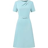 Hobemty Women's A Line Dress Short Sleeve Asymmetrical Neck Elegant Business Work Dresses with Belted
