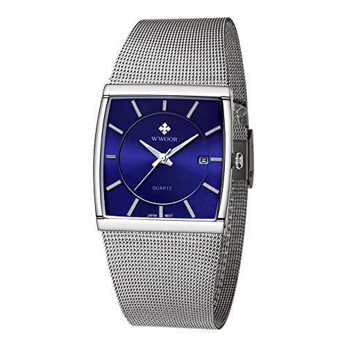 Wwoor Stainless Steel Mesh Band Analog Quartz Date Dress Watch Waterproof Luminous Square Watches Blue