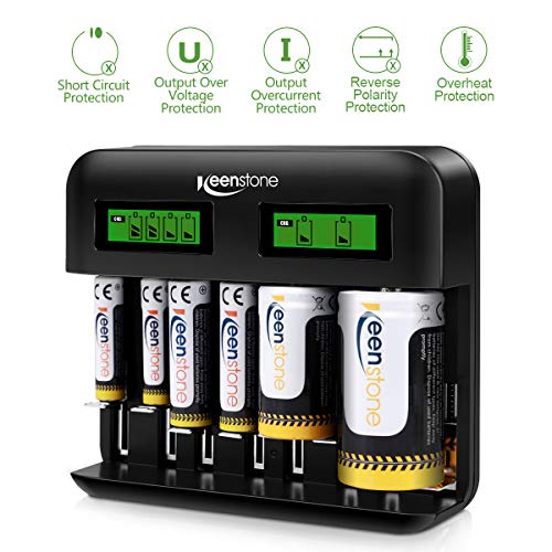 Keenstone Intelligentes Batterieladegerät, NI-MH NI-CD AA AAA C D, Universal-Schnellladung mit Typ C/Micro USB, LCD-Display, freistehender Steckplatz und Auto-Dection (8 unabhängige Ladekanäle)