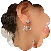Iaceble Vintage Crystal Heart Ear Jacket Earrings Silver Cz Heart Stud Earrings Crystal Dangle Earrings Tassel Rhinestone Drop Earrings Jewelry for Women