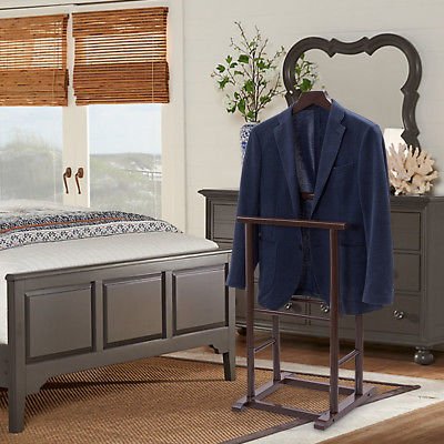 Brown Men's Valet Stand Coat Rack Executive Clothes Suit Hanger Organizer - Thumbnail 3