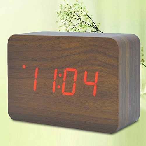 LED Wooden Alarm Clock for Living Room Electronic Digital Desktop Time Temperature Calendar Classic Home Bedroom Travel Clock for Kids with Sound Control Function (Brown Wood Red Light)