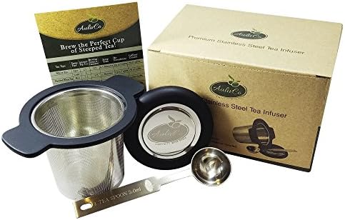 AulivCo Tea Infuser Set Bundle with Mesh Stainless Steel Strainer, Black Silicone Handle, Lid and Teaspoon