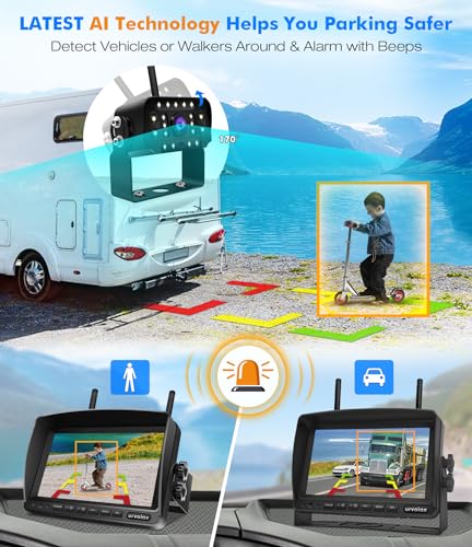 URVOLAX Truck Reversing Camera Wireless with AI Detection: Wireless Camera with 7 Inch 1080P FHD Monitor for Motorhome Caravan Trailer - Wireless System with Beep Alarm Loop Recording Zoom Function Night Vision