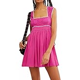 Womens Floral Lace Halter Mini Dress Elastic Corset Square Neck Sleeveless Flowy Ruched Dresses