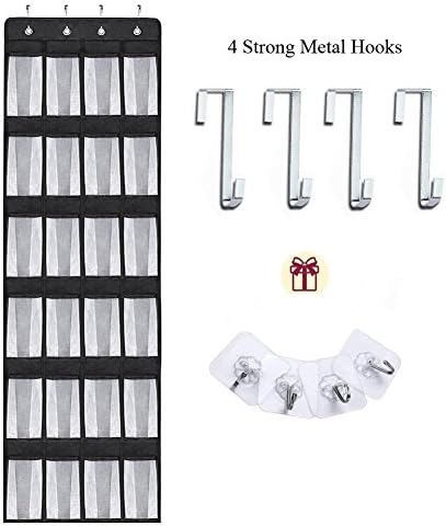 Over the Door Shoe Organizer, 24 Breathable Large Pockets Door Hanging Shoe Holder Multi-purpose Mesh Hanging Shoe Storage Organizer with 8 Hooks (62'' x 18.5'') (black)