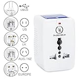 Yubi Power Premium All In One Travel Adapter with Universal Outlet and 2 USB 2.0 Ports - Built In Surge Protector and Neon Light Indicator - Foldable Prongs for Type A, C, G, and I Outlets