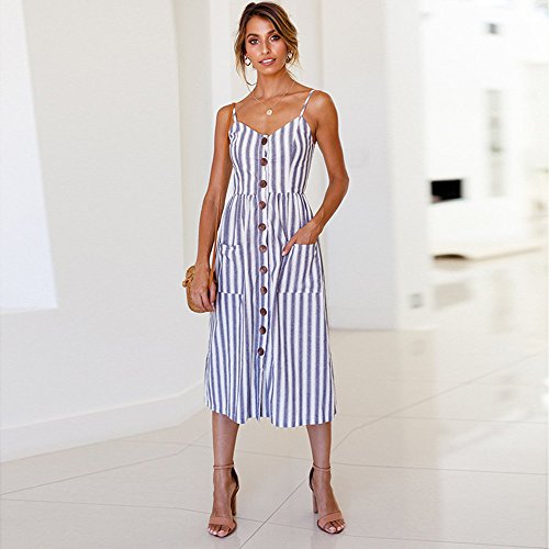 Poptem Womens Midi Dress V-Neck Floral Spaghetti Strap Summer Beach Sundresses - Thumbnail 2