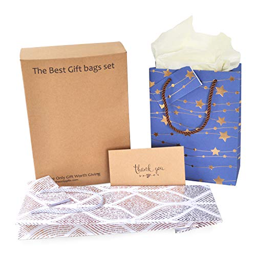 Christmas Gift Bags Bulk - Set of 16: 12 Assorted Medium Size Bags with Rope Handles + 2 Wine Bags + Tissue Paper + 12 Cards