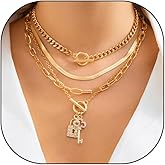 GIGB PBDK Layered Necklaces for Women Stackable Paperclip Herringbone Cuban Necklace Set Vintage Cubic Zirconia Key Lock Statement Necklaces Jewelry Gifts