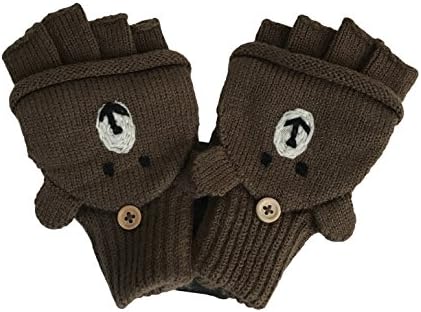Boys' and Girls' fall &amp; Winter Solid Knitted Half Finger Mittens ,Typing &amp; Riding Gloves -Brown Bear -Size M