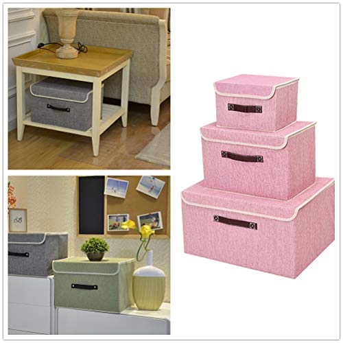 Pemalin Storage Bins Foldable Fabric Box- 3 Pack Shelf Linen Storage Cubes with Lid and Handle for Home Bedroom Closet Nursery Office(Pink)