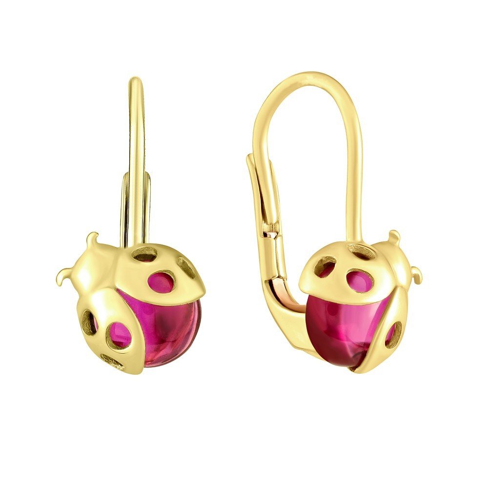 SILVEGO Girls 14ct Yellow Gold Earrings Ladybird with Synthetic Ruby