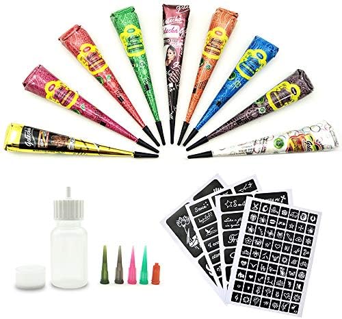 Temporary Tattoo Kit-9Color Temporary Tattoo Paste Cone with 107 Pcs Template Set,1 x Applicator Bottle and 5 x Plastic Nozzle. (9color)