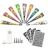 Temporary Tattoo Kit-9Color Temporary Tattoo Paste Cone with 107 Pcs Template Set,1 x Applicator Bottle and 5 x Plastic Nozzle.