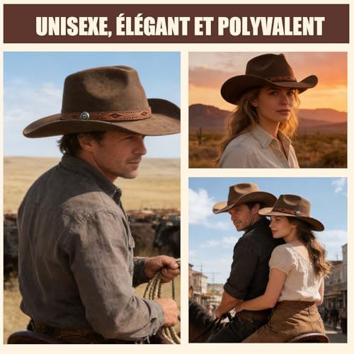 MYKAGS Chapeau de Cowboy pour Femmes et Hommes, Chapeaux Western en Daim, Chapeau Panama, Chapeaux de Cow-Boy à Large Bord, Cow-Girl Western en Daim