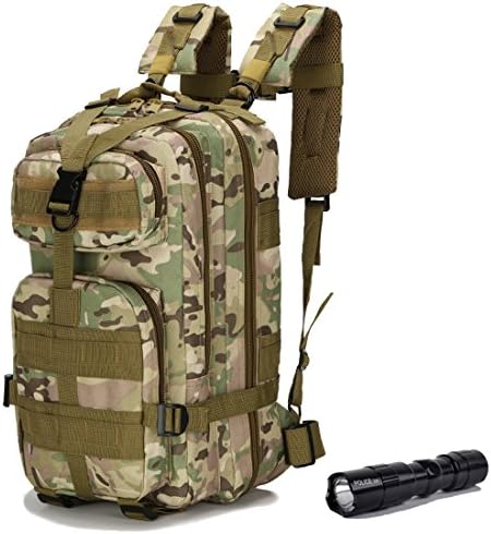 QMFIVE Rucksacks Tactical Backpack 30L with Mini Flashlight Military Rucksacks Camouflage Waterproof Assault Bags for Camping Hiking Shootting Mountaineering Trekking Outdoor Sports