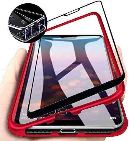 TENGMAO Case for huawei honor 8x, Ultra Thin Metal Frame Case Lightweight, Magnetic Adsorption Aluminum Alloy Flip Cover 9H Tempered Glass Back Cover- Clear Red[Screen Protector]