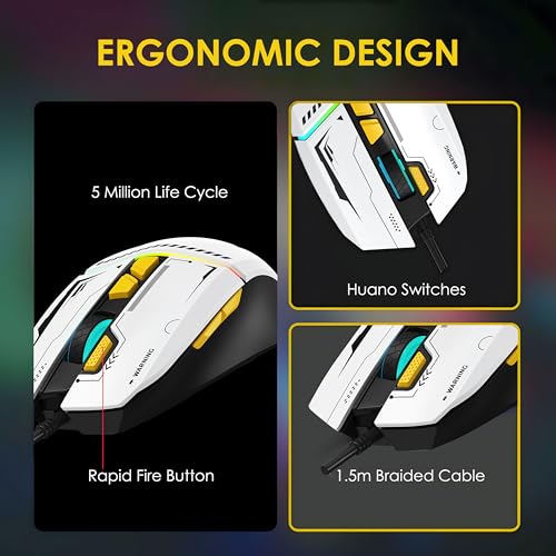 Ant Ghost 50 Plug and Play RGB 8 Programable Buttons High End 12800 DPI 1000hz Pooling Rate Optical Ergonomic Wired Gaming Mouse Latest Inbuilt Software Huano Switches -White 4