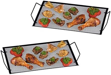 Invero Set of 2 Durable Metal Iron Barbecue Grill Cooking Serving Tray with Side Handles Black - 40 x 22 cm