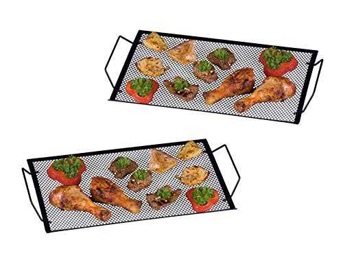 Invero Set of 2 Durable Metal Iron Barbecue Grill Cooking Serving Tray with Side Handles Black - 40 x 22 cm