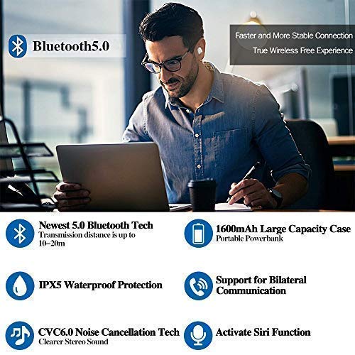 Zagzog Bluetooth Headphones Wireless V5.0 Noise-Cancelling Waterproof In-Ear Sport Earphones Portable Siri Support Built-In Mic Earbuds with 1600mah Charging Case and Powerbank for iOS Android