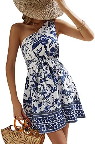 SHEIN Women's Floral Print One Shoulder Sleeveless Flared Hem Belted Short  Dress Blue and White M price in UAE | Amazon UAE | kanbkam