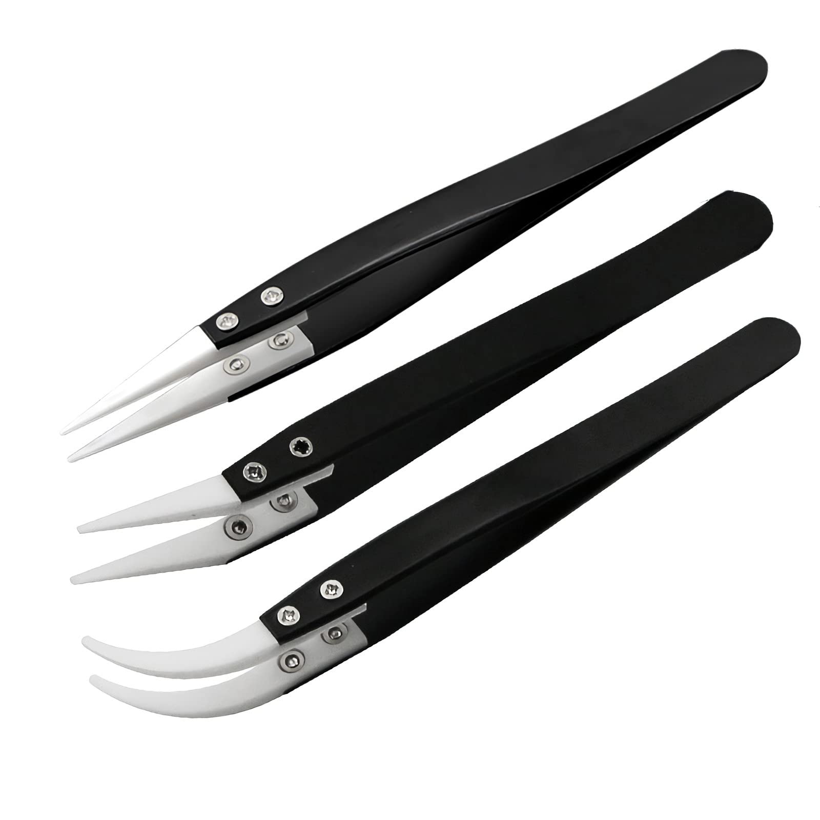 3Pcs Stainless Steel Ceramic Pointed Tweezers for Electronic Repair,Jewelry Making,Laboratory Work,High Temperature Resistant Insulated Clamping Tools