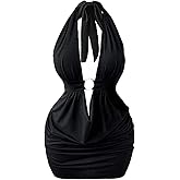 MakeMeChic Women's Plus Size Halter Mini Dress Deep V Neck Sleeveless Bodycon Ruched Y2K Short Dresses