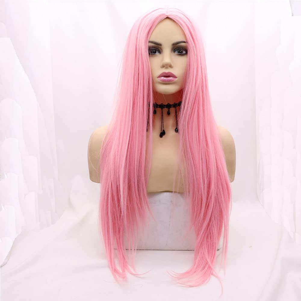 Xiweiya Wigs Silky Pink Wig 24" Length Synthetic Wave Heat Resistant Fiber Wigs Middle Parting for Women, Drag Queen Cosplay Makeup