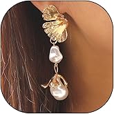 18K Gold Baroque Pearl Leaf Dangling Earrings for Women,Glossy Boho Flower Statement Drop Dangle Earrings,Retro Formal Anniversary Jewelry Gifts