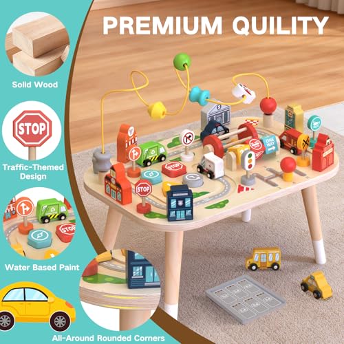 Weilim Baby Activity Table, Wooden Sensory Table with Bead Maze Sort Shapes and Train Circuit, Montessori Farm Toy, Educational Toy for Kids (Car)