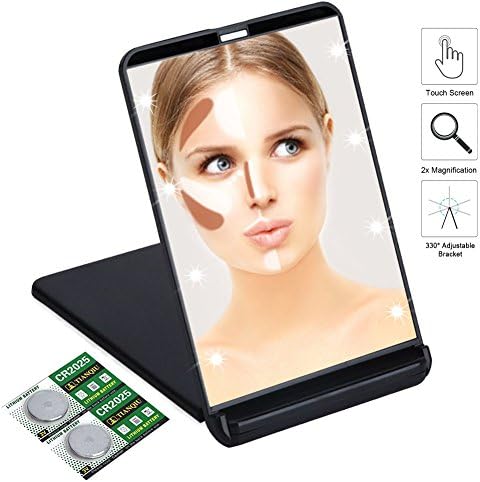 LED Lighted Makeup Mirror with 8 Dimmable Lights | Travel Makeup Mirror Portable | Compact Folding Mirror Touch Screen | 2x Magnifying Cosmetic Illuminated Vanity Mirror( Upgrade Black)