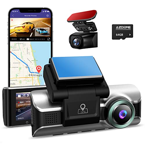 AZDOME 4K Dual Dash Cam, Built-in 5GHz WiFi GPS, With 64GB Card, Front 4K  and Rear 1080P Car Dashboard Camera
