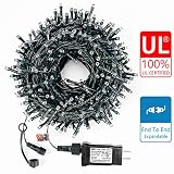 Decute 105FT 300 LED Waterproof Christmas String Lights UL Certified with End-to-End Plug 8 Modes, Outdoor Indoor Starry Light for Christmas Tree Halloween Patio Garden Wedding Party Decor, Warm White