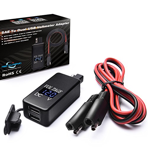 MICTUNING SAE to USB Adapter with Blue Light Voltmeter, 2.1A & 2.1A Waterproof Motorcycle Dual USB Charger Kit Quick Disconnect Plug for Smart Phone Tablet GPS