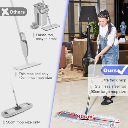 Industrial Flat Mop, 90cm Wide Flat Mop Large Commercial Thread Mops with 2 Washable Cotton Pads Stainless Steel Handle Wet Dry Dust Floor Cleaning Tool for Home Office Hotel Factory Floor Cleaner