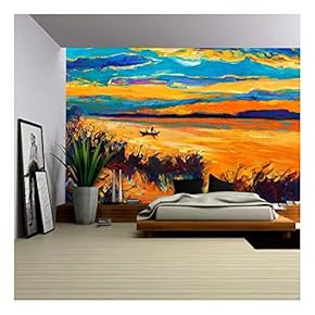 Original Oil Painting Showing Beautiful Lake with Boat,Sunset Landscape - Removable Wall Mural | Self-Adhesive Large Wallpaper - 66x96 inches