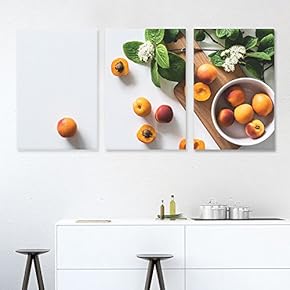 3 Panel Canvas Wall Art - Apricots with Leaves on White Background - Giclee Print Gallery Wrap Modern Home Art Ready to Hang - 16"x24" x 3 Panels